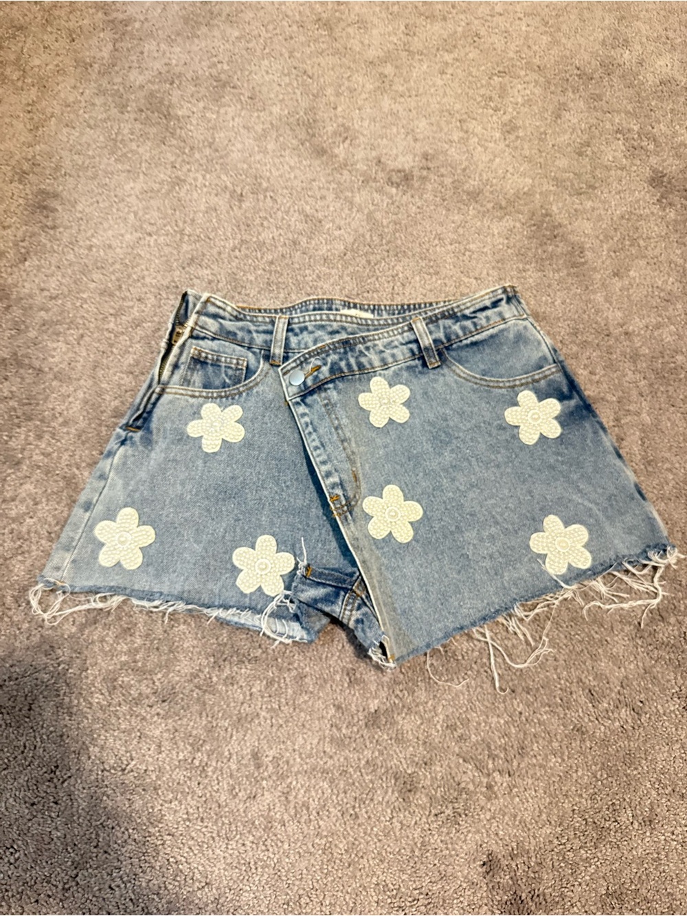POL Light Blue Denim Shorts with White Flower Appliqués